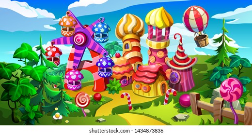 Fairytale amusement park. The carousel, the ferris wheel, houses and the aerostat are made of candies, cakes, caramel and marmalade. Vector illustration.