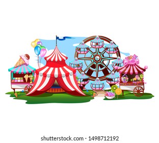 Fairytale amusement park with a Ferris wheel, a circus tent and sweets. Colorful vector illustration.