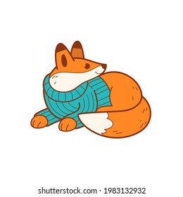 Fairytale animal characters - good fox with pullover. Outline vector illustration with fox on theme of home environment.