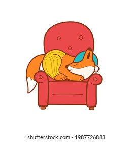 Fairytale animal characters. Good fox sleeping on couch. Outline vector illustration with fox on theme of home environment.