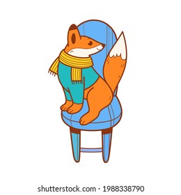 Fairytale animal characters - good fox sitting on chair. Outline vector illustration with fox on theme of home environment.