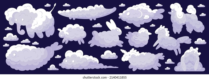 Fairytale animal clouds icon set clouds in the form of a whale elephant poodle horse bear bunny vector illustration