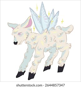 Animais de conto de fadas, ovelhas mágicas, cordeiros. Com asas de fada, borboletas. Ilustração original para o projeto de livros de esboços de adesivos, impressão em roupas, copos. Vetor desenhado à mão. Tema mágico, fadas. 