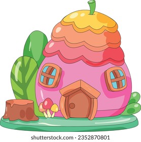 Fairytale apple house isolated on background. Vector cartoon illustration of a fantasy fruit hut with wooden door, porch and windows. forest gnome house