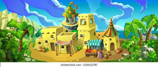 Fairytale arab town with colorful roofs. Fabulous town in tropical. Sandy coast with stone houses and palm trees. Vector illustration.