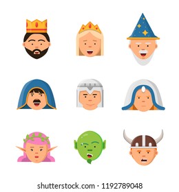 Fairytale avatars collection. Fantasy game characters warrior queen barbarian goblin princess vector mascot in flat style. Warrior characterer and princess royal illustration