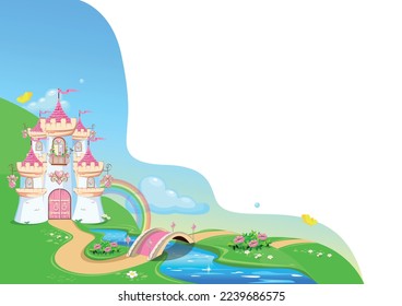 Fondo de cuento de hadas con hermoso castillo rosa princesa. Un castillo con corazones rojos, torres, un puente sobre un río y un sendero en un hermoso paisaje. Ilustración vectorial para un cuento de hadas