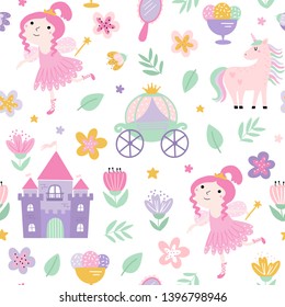 Fairy-tale background with castles and princesses decorated with flowers in cartoon style. Cute texture for fabric, wrapping, textile, wallpaper and apparel for girls in vector.