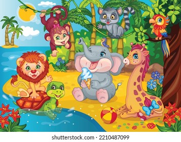 Fairytale background for children wallpaper. Cartoon illustration for sticker, puzzles. Fabulous African landscape. Magic jungle. Cute little elephant lion giraffe monkey lemur in zoo. Vector animals