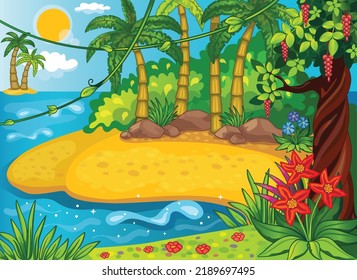 Fairytale background for children's wallpaper. Cartoon illustration for print, sticker or puzzles. Fabulous landscape. Magical Africa or Jungle. Island in ocean with palm tree, flower meadow. Vector.
