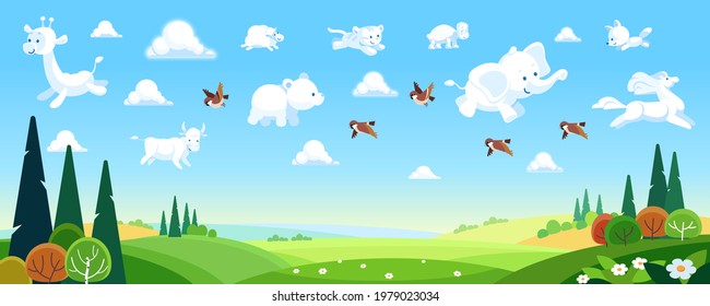 Fairytale background with clouds animal shapes with giraffe, elephant, lion, sheep, bear, cow, horse, tiger, fox, and turtle on the sky. Wonderland. Fabulous landscape. Cartoon vector illustration.