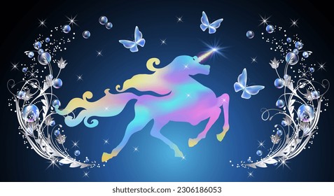 Fairytale background with fabulous unicorn, magical butterflies and fantasy bubbles, flowers ornate and shiny stars.