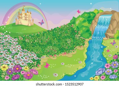 Fairytale background with flower meadow, castle, rainbow, beautiful waterfall and river. Wonderland. Cartoon illustration for children. Vector.