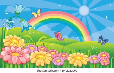 Fairytale background with flower meadow and rainbow. Fabulous landscape with daisies, bluebells and butterflies. Magic nature. Countryside or farm. Children's wallpaper. Cartoon illustration. Vector.