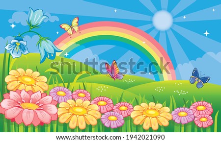 Fairytale background with flower meadow and rainbow. Fabulous landscape with daisies, bluebells and butterflies. Magic nature. Countryside or farm. Children's wallpaper. Cartoon illustration. Vector.
