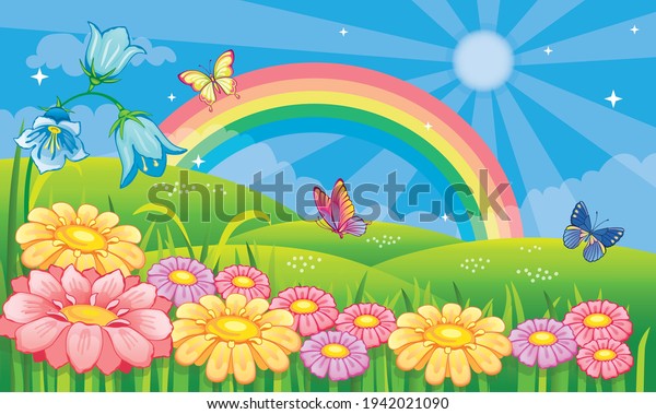 Fairytale Background Flower Meadow Rainbow Fabulous Stock Vector ...