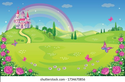 Fairytale background with flower meadow. Wonderland. Cartoon, children's illustration. Princess's castle and rainbow. Fabulous landscape. Beautiful Park or garden with roses and butterflies. Vector.