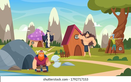 Fairytale background. Funny cartoon houses beautiful fantasy world with creatures castles vector cartoon landscape illustration