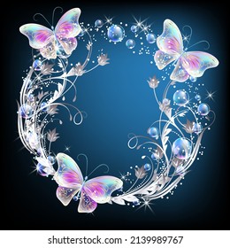 Fairytale background with magical butterflies and bubbles, floral ornament and sparkling stars. Round fantasy frame consists of transparent iridescent balls and copy space.