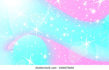 Fairytale background. Mermaid rainbow. Holographic magic stars. Unicorn pattern. Fantasy galaxy. Fairy graphics.