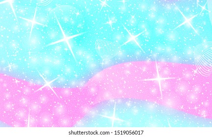 Fairytale background. Mermaid rainbow. Holographic magic stars. Unicorn pattern. Fantasy galaxy. Fairy graphics.