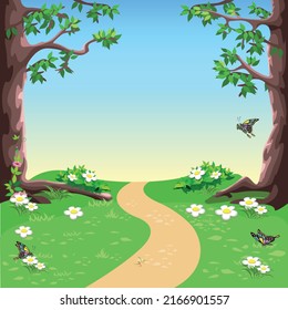 Fairytale background with a path through the forest with big trees cartoon style. Summer forest landscape. Vector illustration.