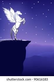 fairytale background - pegasus on the top of a mountain on a starry night