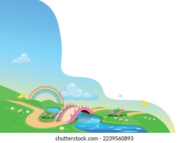 Fairytale background with a pink bridge, path and flower meadows. Landscape with a bridge decorated with openwork lanterns. Vector illustration for a fairy tale.