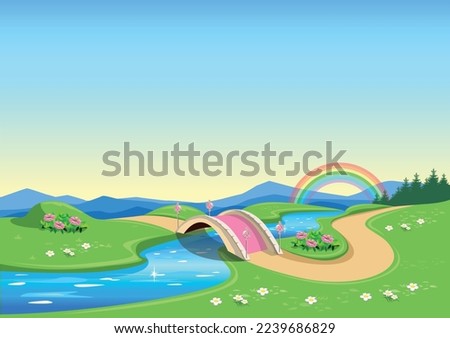 Fairytale background with a pink bridge, path and flower meadows. Landscape with a bridge decorated with openwork lanterns. Vector illustration for a fairy tale.