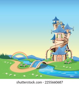 Fairytale background with princess castle in blooming valley. Castle with blue flags, precious hearts, rooftops, towers and gates in a beautiful landscape. Vector illustration for a fairy tale.