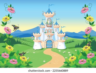 Fairytale background with princess castle in blooming valley. Castle with blue flags, precious hearts, rooftops, towers and gates in a beautiful landscape. Vector illustration for a fairy tale.