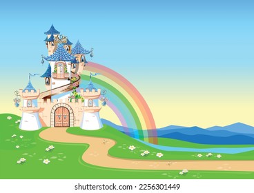 Fairytale background with princess castle in blooming valley. Castle with blue flags, precious hearts, rooftops, towers and gates in a beautiful landscape. Vector illustration for a fairy tale.