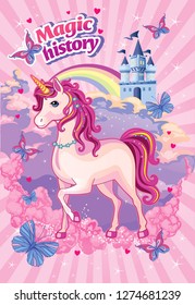 Fairytale background with rainbow and castle for Princess. Beautiful unicorn in the clouds.  Fabulous landscape with magic horse or pony. Children's illustration with animal. Wonderland. Vector.