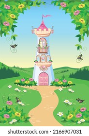 Fairytale background with a tower for a beautiful princess. A castle with pink flags, jeweled hearts, a tiled roof and gates in a beautiful landscape. Vector illustration for a fairy tale.