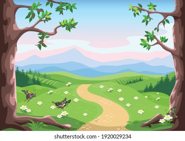 Fairytale background with trees, butterflies, flower meadow, mountains and pink-blue sky in cartoon style. Vector illustration.