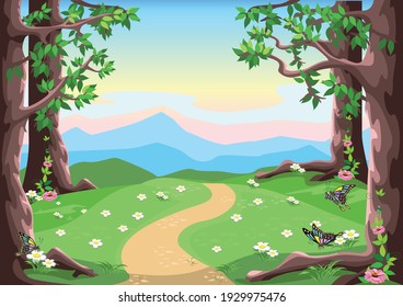 Fairytale background with trees, butterflies, flower meadow, mountains and pink-blue sky in cartoon style. Vector illustration.