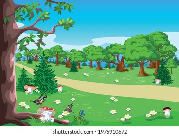 Fairytale background with trees, butterflies, flower and mushroom meadow, path, mountains and blue sky in cartoon style. Vector illustration.