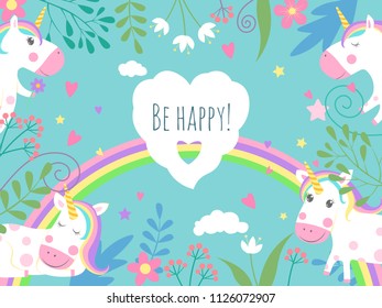 Fairytale background unicorns. Vector funny cartoon characters. Animal fairytale, cartoon horse unicorn illustration