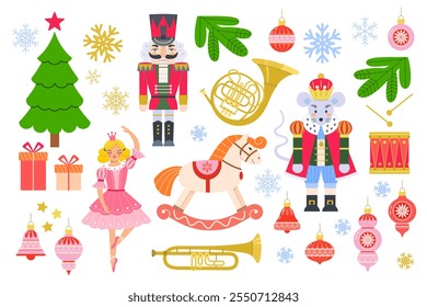 Fairytale ballet characters: Nutcracker, Mouse King, dancing ballerina in pointe shoes, rocking horse, trumpet, drum, French Horn, Christmas tree, gifts, snowflakes, Christmas tree balls, icicles.