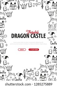 Fairytale banner. Black silhouette of castle on hand-draw doodle background. Fantasy medieval landscape. Vector illustration