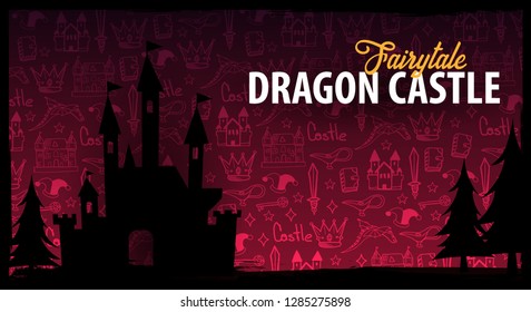 Fairytale banner. Black silhouette of castle on hand-draw doodle background. Fantasy medieval landscape. Vector illustration