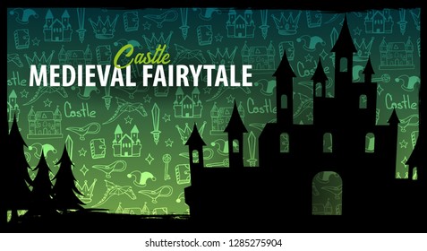 Fairytale banner. Black silhouette of castle on hand-draw doodle background. Fantasy medieval landscape. Vector illustration