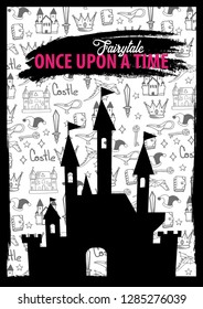 Fairytale banner. Black silhouette of castle on hand-draw doodle background. Fantasy medieval landscape. Vector illustration
