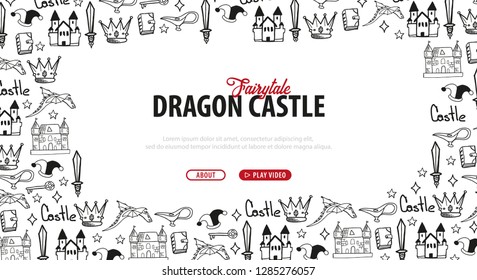 Fairytale banner. Black silhouette of castle on hand-draw doodle background. Fantasy medieval landscape. Vector illustration