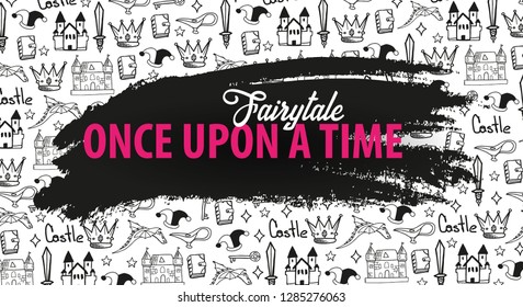 Fairytale banner. Black silhouette of castle on hand-draw doodle background. Fantasy medieval landscape. Vector illustration