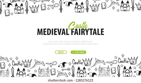 Fairytale banner. Black silhouette of castle on hand-draw doodle background. Fantasy medieval landscape. Vector illustration