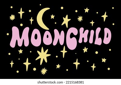 Fairytale banner Moon Child type vector groovy lettering text isolated on black background. Old hippy sixties style, vintage retro magic design. Gift card, poster, print for t-shirt and more, sticker