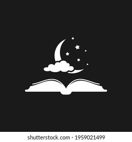 Fairytale bedtime reading concept. Open book with half moon, stars and cloud. Vector illustration. Magic night book for kids. Read before sleeping.