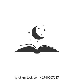 Fairytale bedtime reading concept. Open book with half moon, stars and cloud. Vector illustration. Magic night book for kids. Read before sleeping.