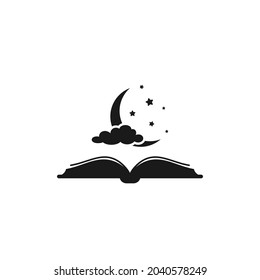 Fairytale bedtime reading concept. Open book with half moon, stars and cloud. Vector illustration. Magic night book for kids. Read before sleeping.